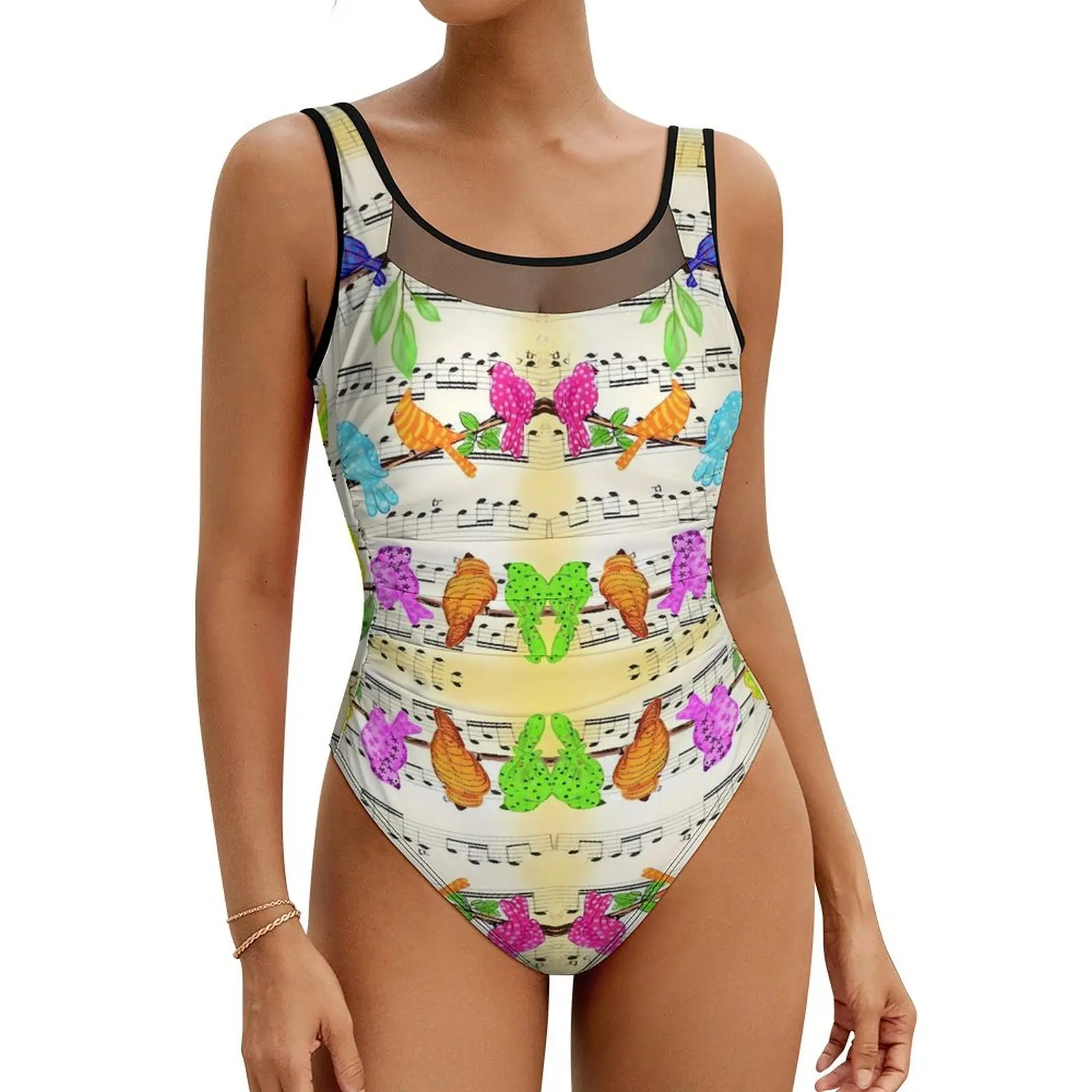

Musical Bird Swimsuit Colorful Animal Swimwear One Piece Holiday Rave Bodysuit Hollow Out Bathing Suit Female Push Up Beach Wear