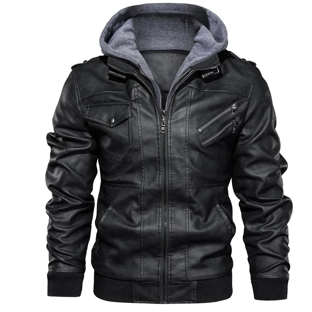 

New Fashion Male Street Wear Motorcycle Leather Jackets Hat Detachable Men Hooded Leather Jackets Slim Casual Leather Coats