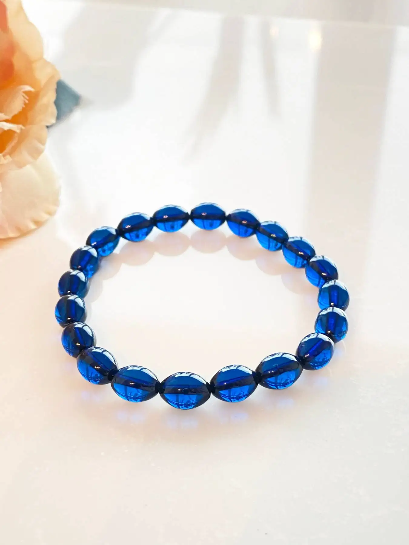 Blue Amber Bracelet, Olive Shape Beaded bracelet, Amber Bracelet for Women, Blue Amber Jewelry, azure amber jewelry