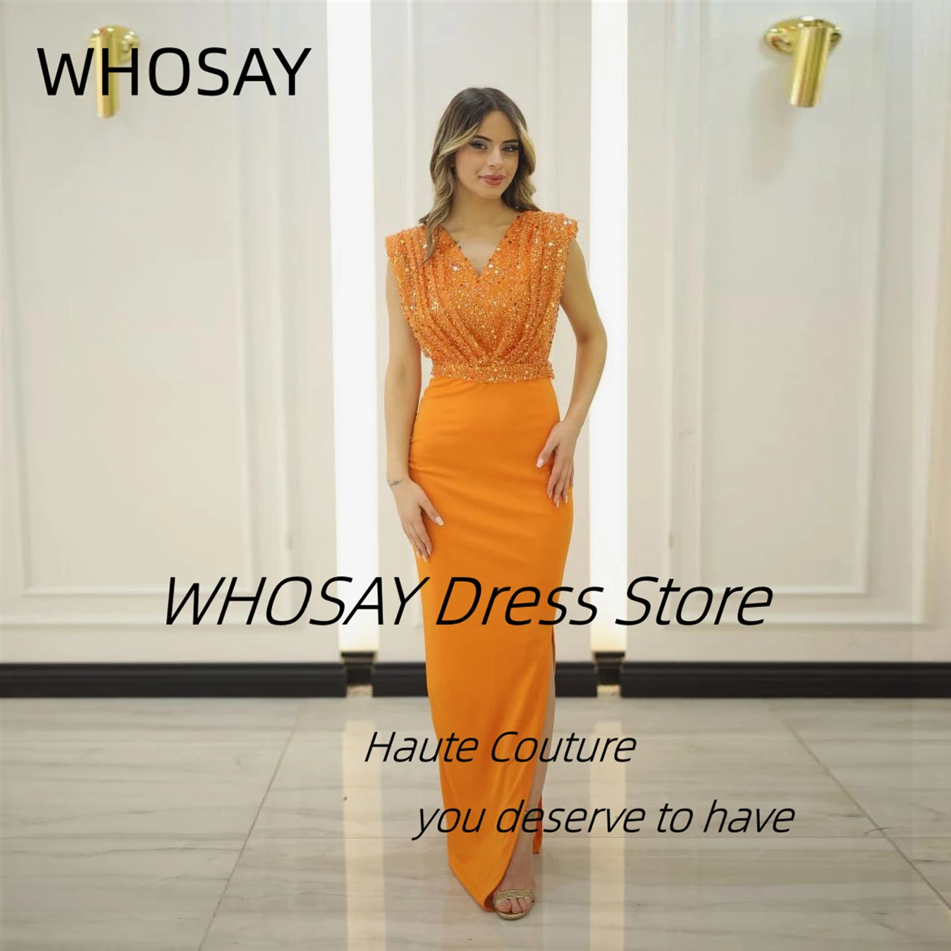 

WHOSAY Sequins Top Prom Dresses V Neck Ruched Sleeveless Bridesmaid Dress for Weddings Side Slit Long Evening Party Gowns