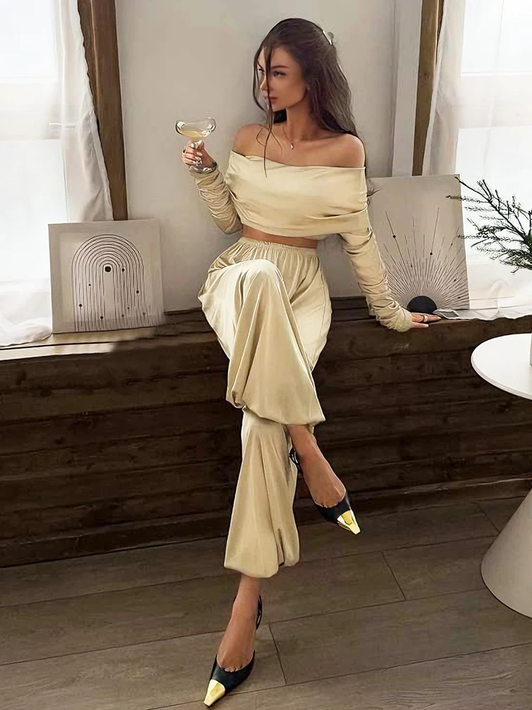 

Sisterlinda элегантный комплект из 2 предметов, женский модный укороченный топ с разрезом на шее и длинными рукавами + брюки с эластичной резинкой на талии, повседневные костюмы для поездок на работу