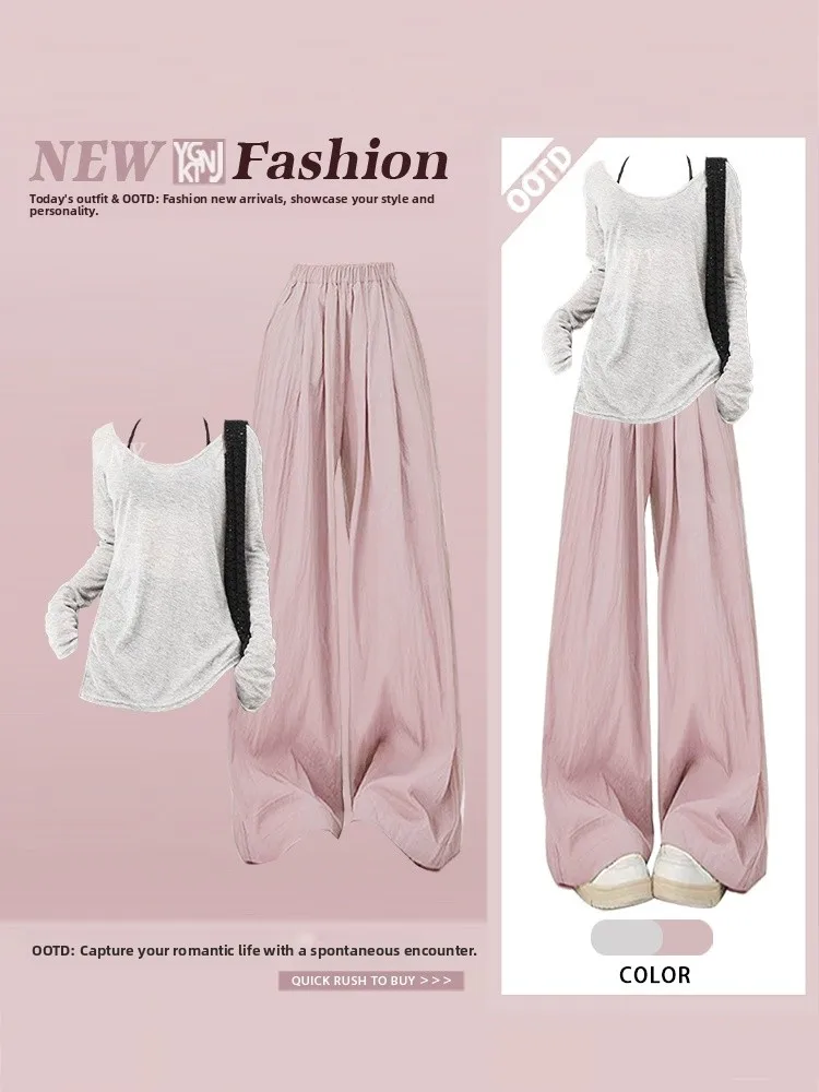 

Корейский комплект для женщин: белые брюки Sembach и футболка с длинным рукавом и круглым вырезом, свободный крой, ранняя осень