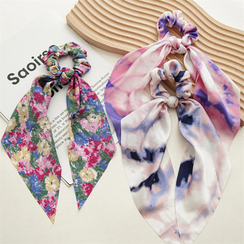 Bohemian Purple Floral Tie Dyed Hair Ribbons Ponytail Scarf Bowknot Elastic Hair Bands Women Hair Rope Headwear Hair Accessories