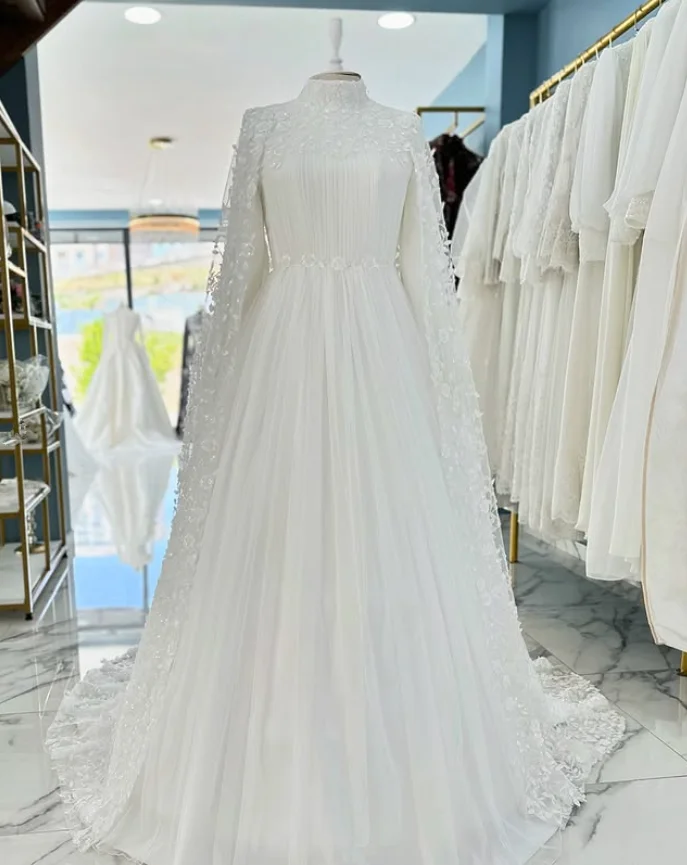 White Muslim Caftan Wedding Dresses with Sleeve Cape Floral Lace Chiffon Customsized Kaftan Turkey Bridal Gown Outfit