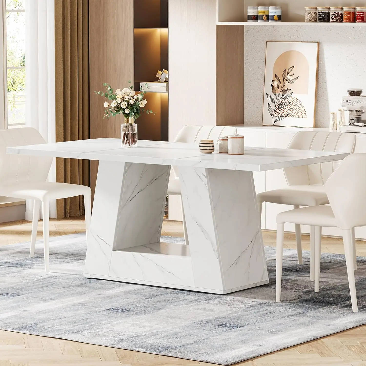Modern Wooden Faux Marble Dinner Table with Sturdy Base for Kitchen, Living Room