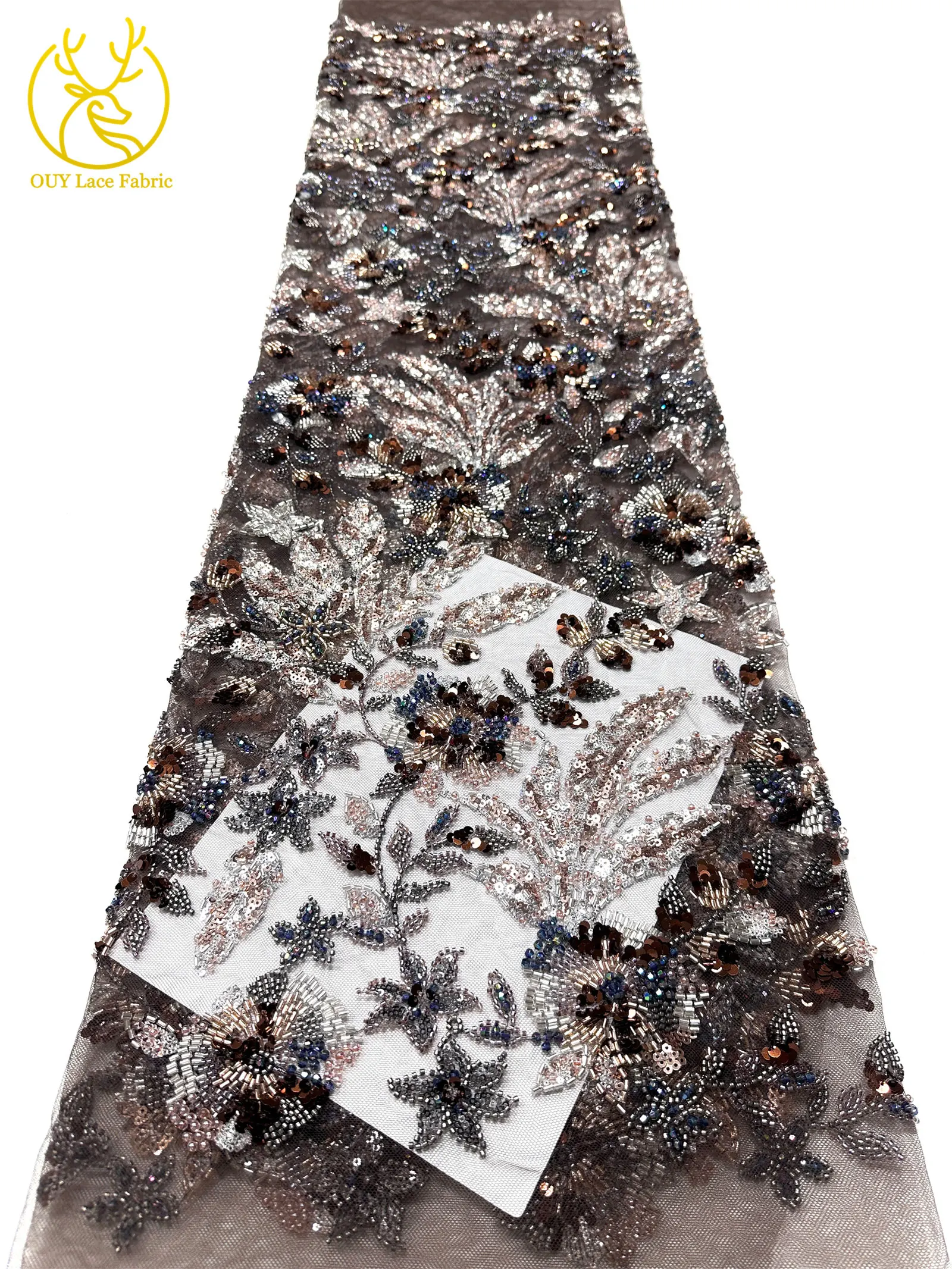 Modischer nigerianischer bestickter Perlen-Spitzenstoff, eleganter afrikanischer Pailletten-Netzstoff für Brautkleider und Partykleider zum Nähen – Detail 30