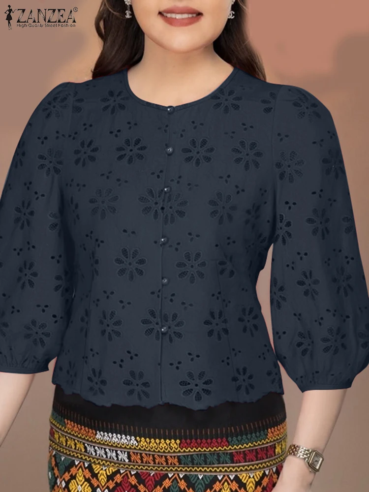 

ZANZEA Woman 3/4 Puff Sleeve Short Tops Casual Lace Patchwork O-Neck Elegant Shirts Bohemian Openwork Embroidery Chemise Femme