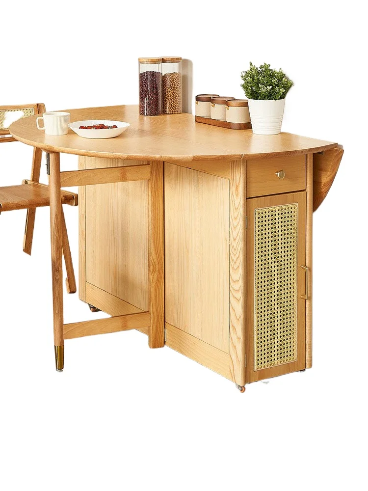 Small apartment folding round solid wood dining table wabi-sabi log style can store telescopic dining table multi-function