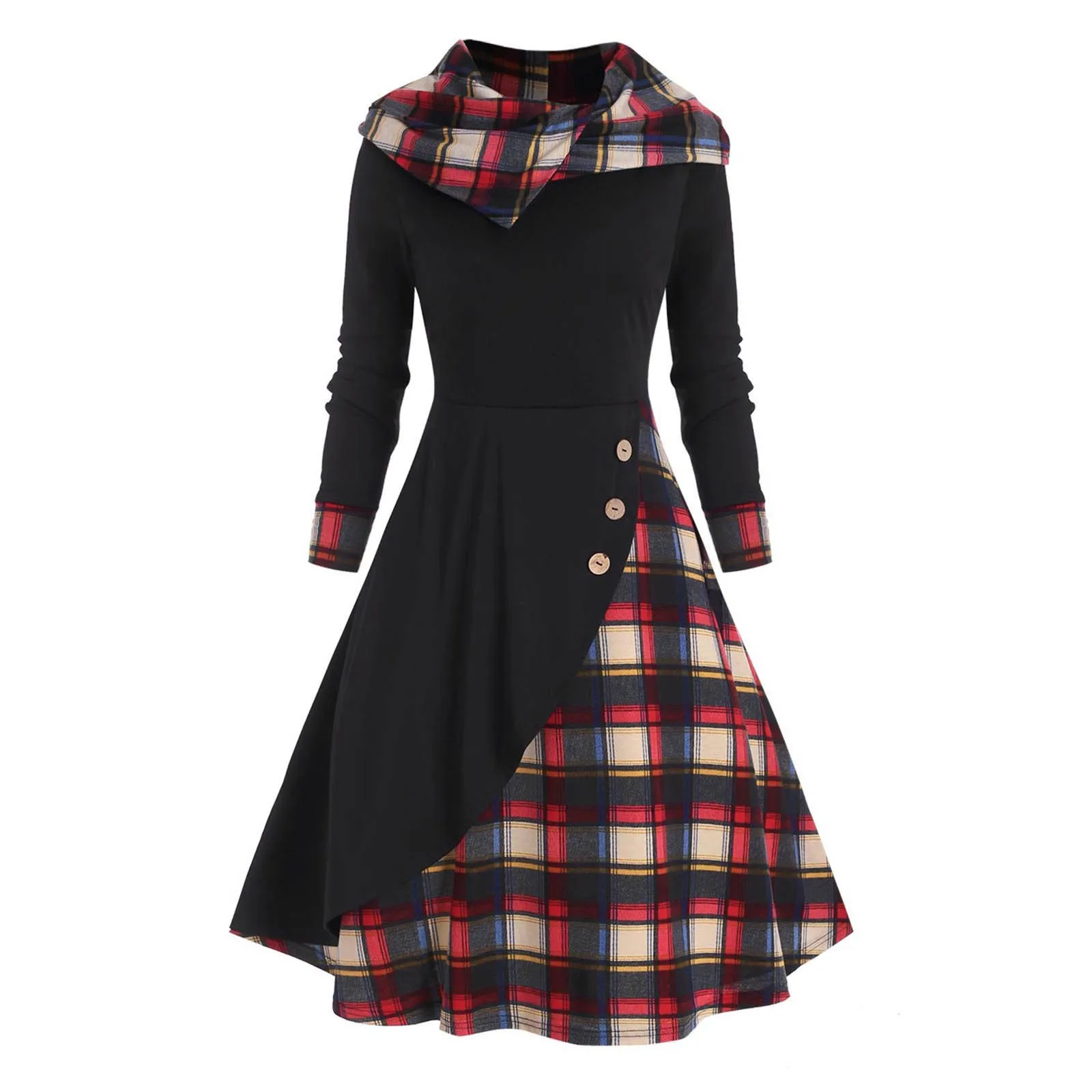 Women's Clothing Long Sleeve Casual High Waist Midi Dresses Autumn Fashion Vintage Commute Button Plaid Patchwork Hooded Dress