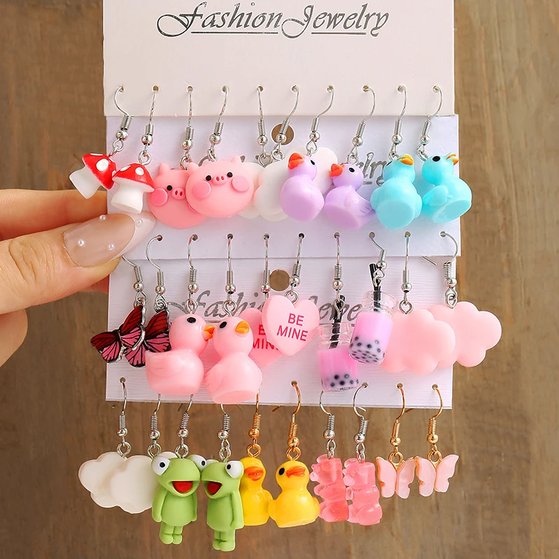 10 Pairs Cartoon Duck Dangle Earrings Set Cute Butterfly Heart Mushroom Animal Drop Earrings for Women Trendy Girl Kids Jewelry