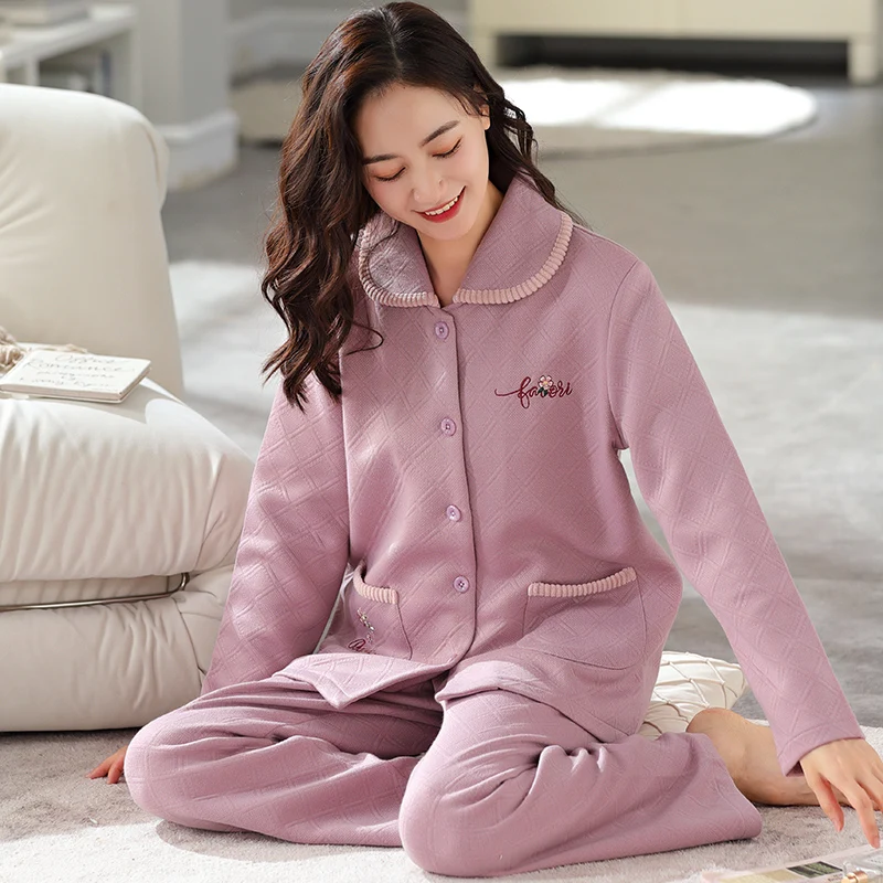 Three layer thin cotton interlayer pajamas autumn and winter women's cardigan pajamas winter all cotton female home clothing set