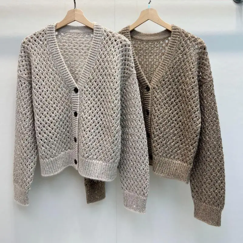 New Autumn And Winter Women's Old Money Style Sparkling Bright Silk Hollow V-neck Cashmere Knitted Cardigan Jacket