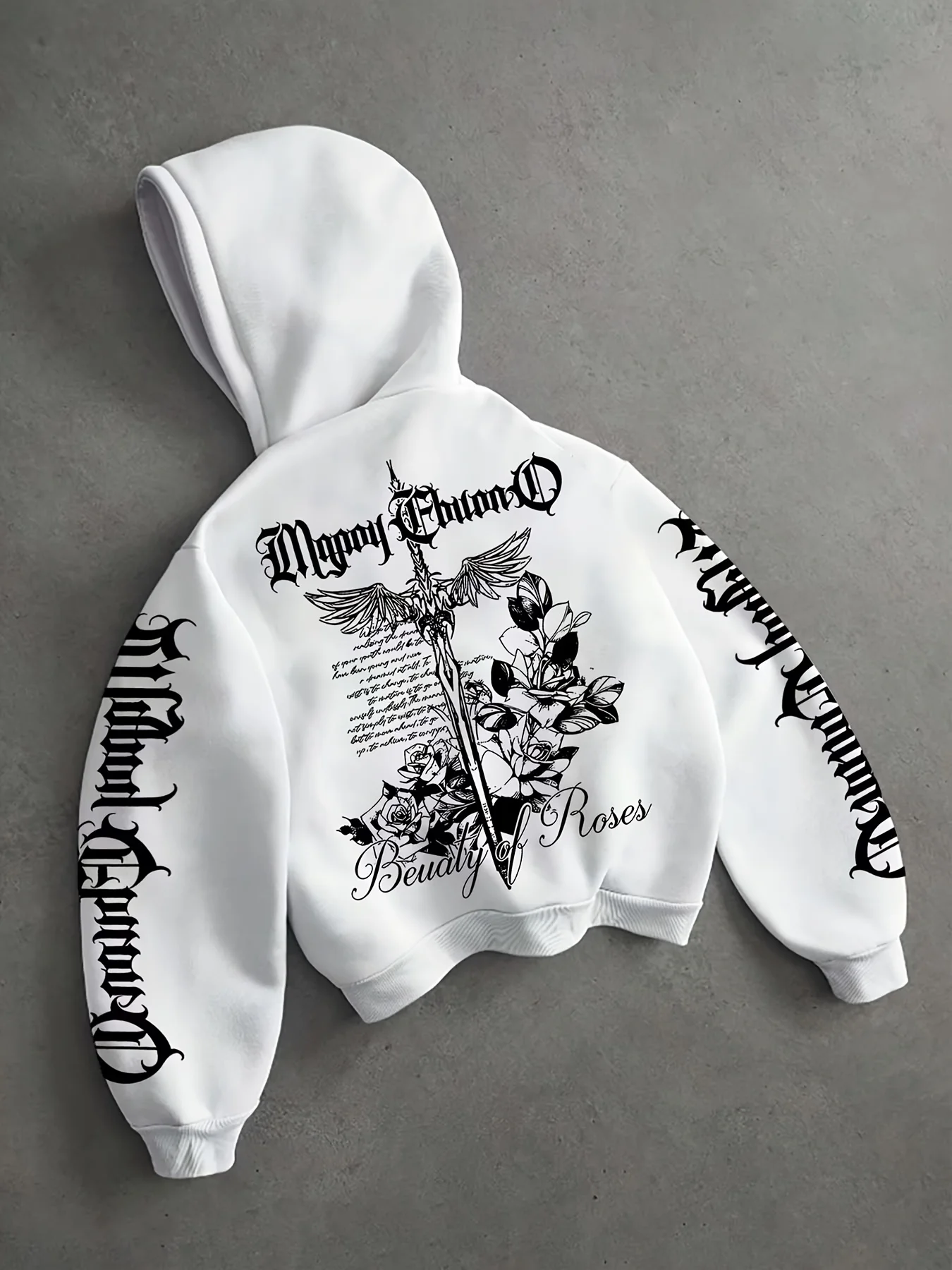 Herren Oversized Hoodie Gothic Schwert Rose Flügel Schriftzug Vintage Dark Streetwear Pullover Oberteil Herbst Winter Fleece – Detail 3