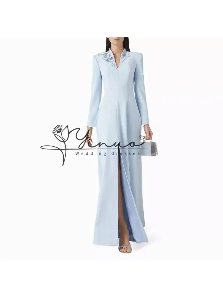 Customized Evening Dress Floor Length Saudi Arabia Dress Long Sleeves Prom Dress Beading Formal Wedding Party Gown
