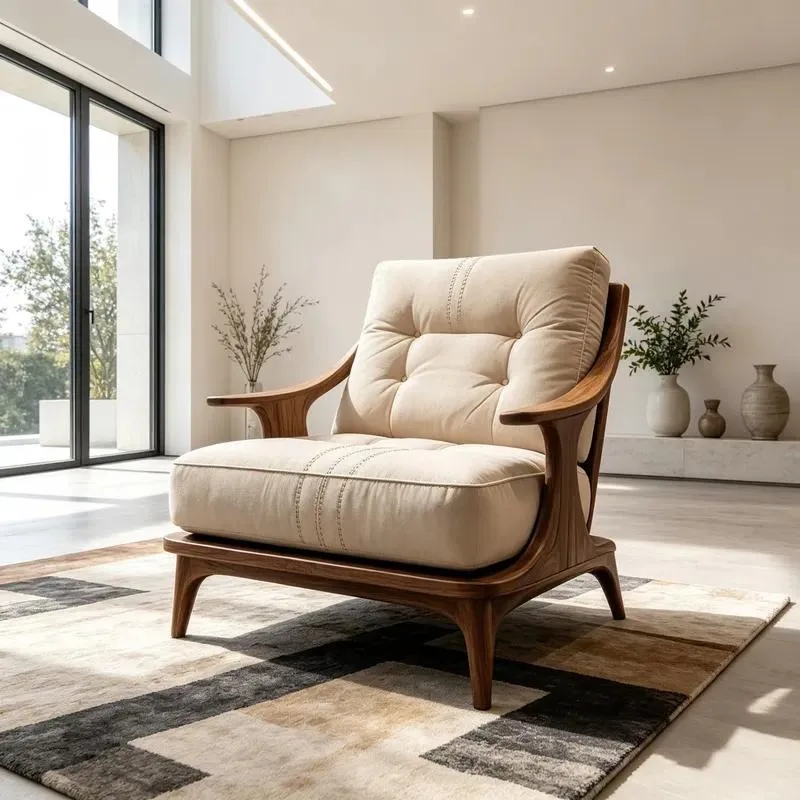 Solid Walnut Frame Lounge Chair Beige Tufted Fabric Mid Century Modern Style Living Room Furniture Comfortable Armchair