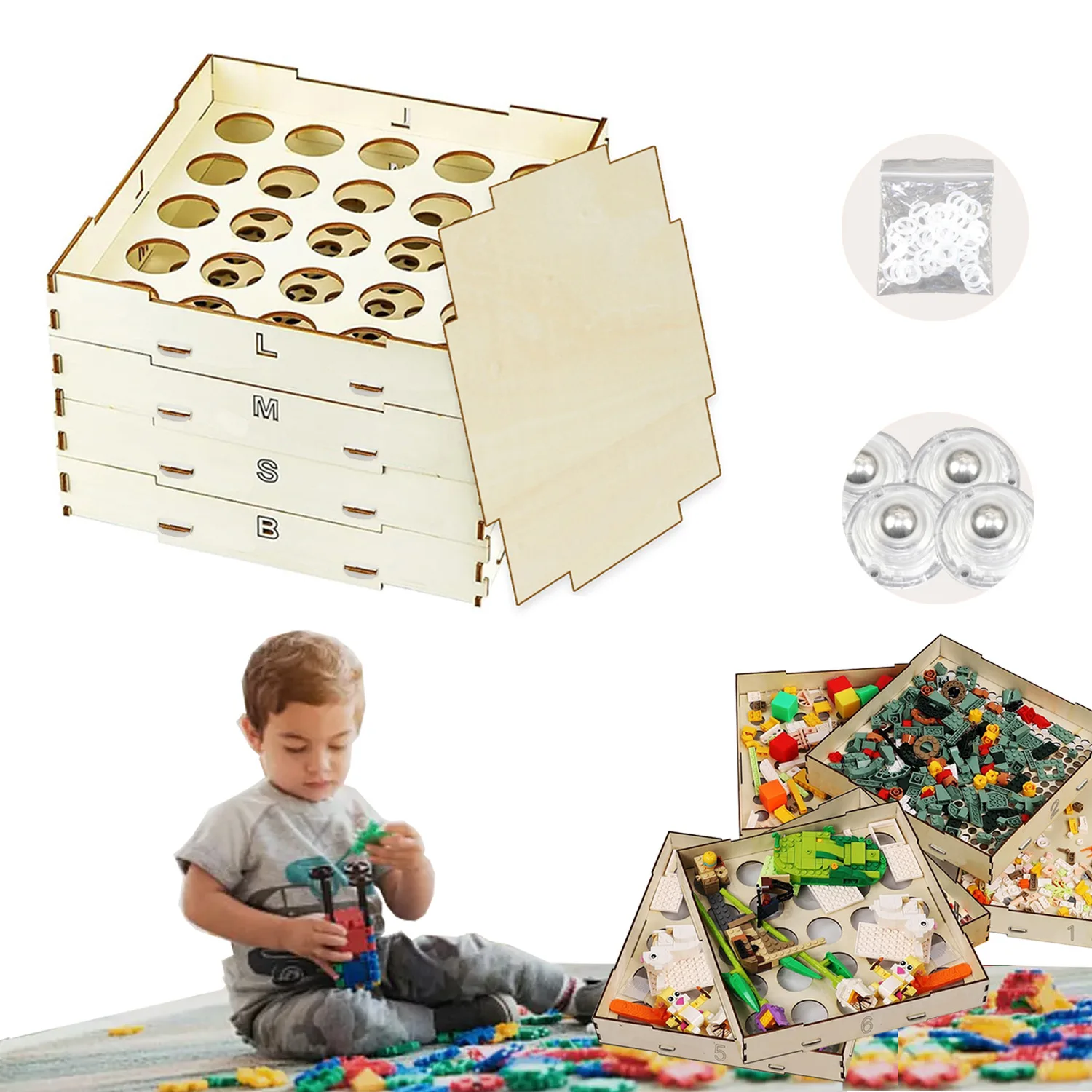 Screening building block box Wooden box Storage box Suitable for infants and teenagers Four floors