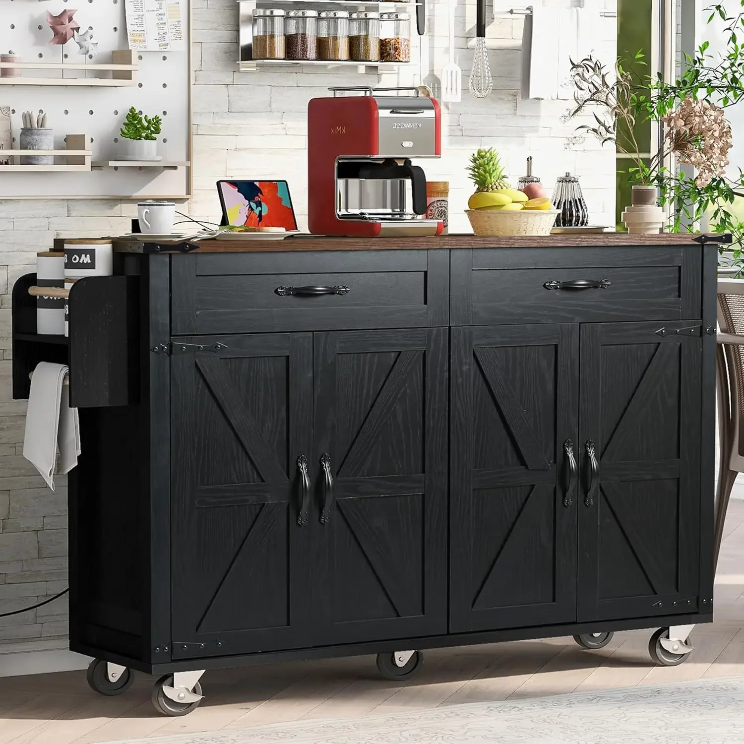 

Amposei Farmhouse Rolling Kitchen Island with Power Outlet, Drop Leaf Breakfast Bar, Wooden Mobile Storage Island Cart on Wheels