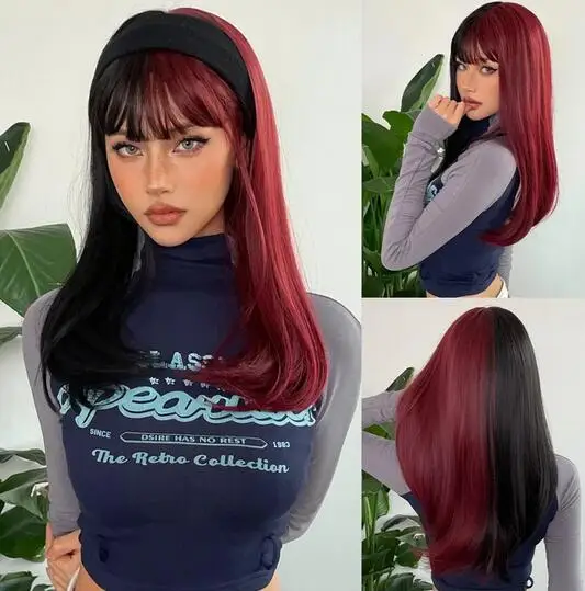 Wine Red and Black Medium Length Synthetic Wigs with Bangs Christmas Halloween Cosplay Hair Heat Resistant Fibre Two Tone Wig