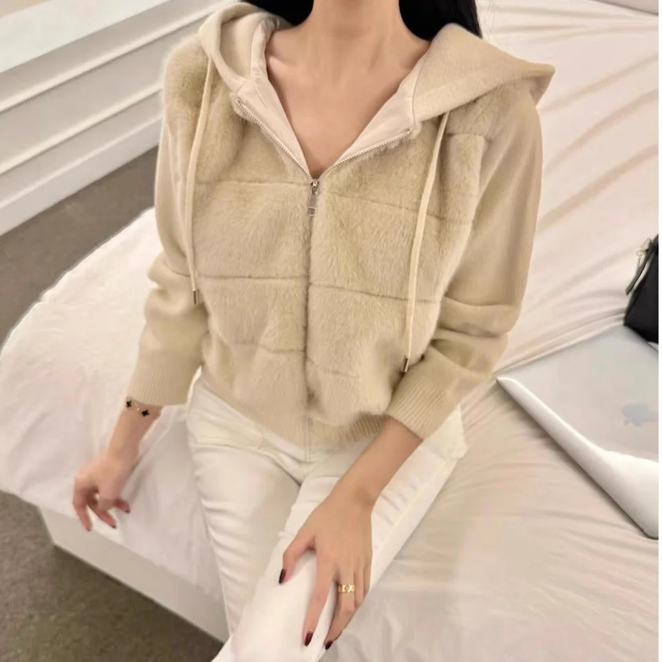 

Women's Knitted Faux Fur Jaet Autumn Winter New Sle Soft Plu Splicing Pure Desire Faion Long Sve Cotton Coat