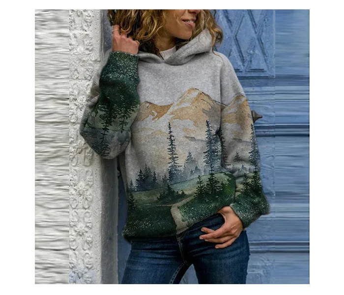 2024 women's tops autumn and winter hoodies women's loose natural scenery print 3d print fashion casual pullover hoodies