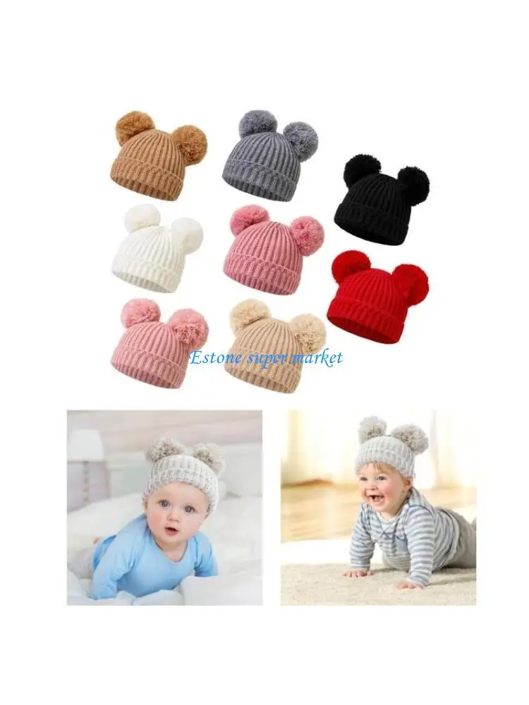 090B Baby Hat Knitted Winter Warm Hat Soft Caps Elastic Crochet Hat with Pompoms Bonnet Caps for Infant 0-12 Months