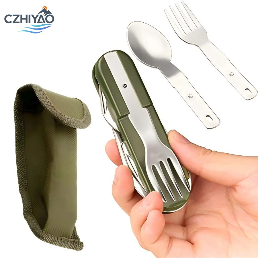 

CZHIYAO 7 in 1 Stainless Steel Folding Portable Camping Cutlery Set Store Bag for Travel Outdoor Use Portable Spoon Fork Knife