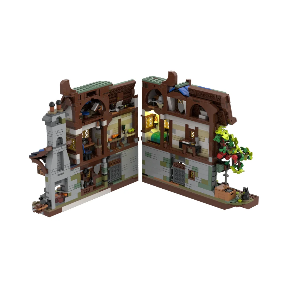 Moc medieval ferreiro nook blocos de construção forno luminoso sala casa bookends livro nook design arquitetura tijolos brinquedo presente