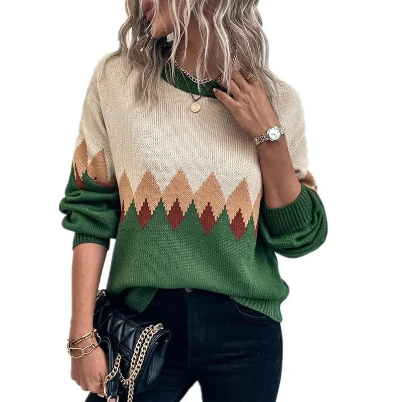 2023 Spring New Knitted Top Women's Amazon Vintage Argyle Color Block Sweater Crew Neck Style For Fashion Lovers