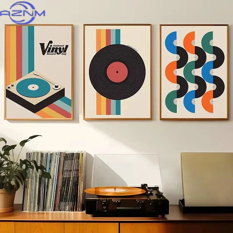 Retro Vinyl Record Print Mid Century Music Minimal Pastel Poster Colorful Wall Art Trendy Minimalist Turntable Home Room Decor