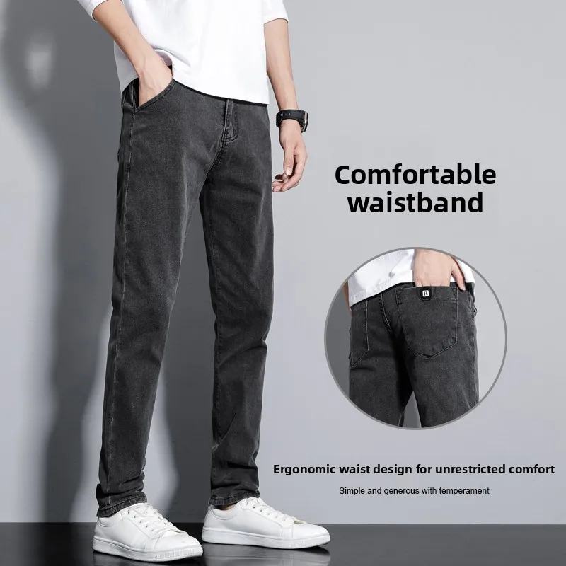 

Мужские джинсы Slim Fit прямого кроя, эластичные, размер 27, маленький размер, весна-лето, молодежная мода, корейская версия, длинные брюки, хлопок, полиэстер...