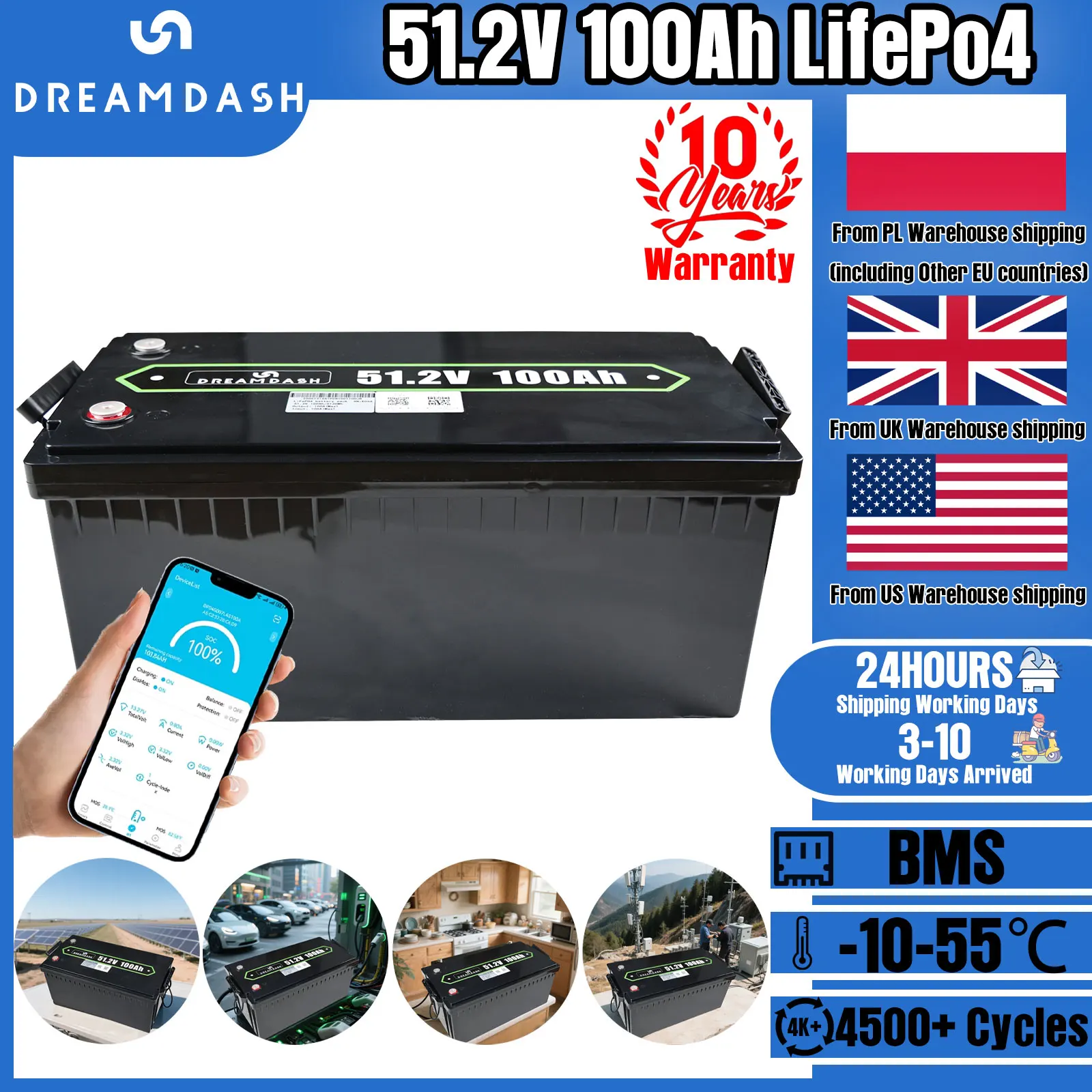 

Dreamdash 51.2V 100Ah LiFePO4 Battery 4500+ Cycles 5KWh Solar Storage Built-in BMS For Home/Off-Grid EU Have Stock
