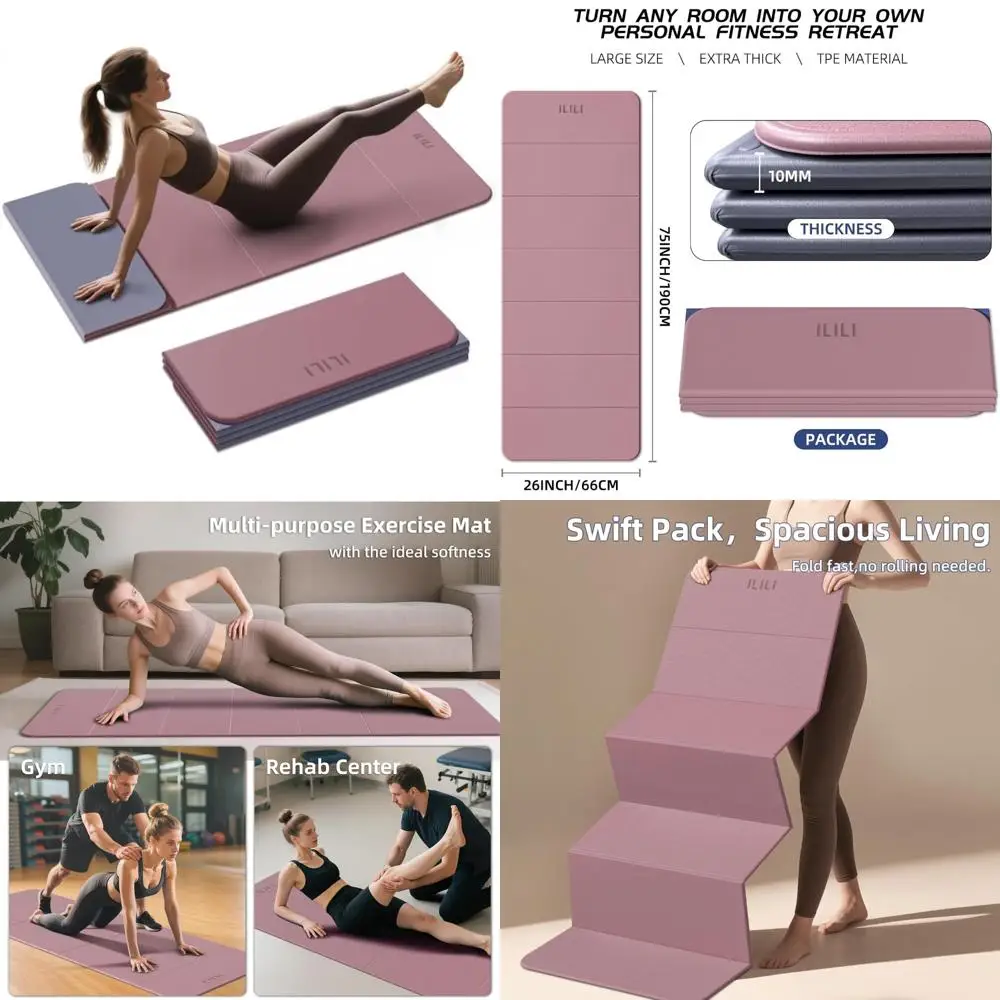 سجادة يوجا TPE بسمك 10 مم قابلة للطي، طويلة جدًا 75 × 26، ناعمة ومريحة، سهلة الحمل، بساط سميك قابل للطي لليوجا والتمارين الرياضية