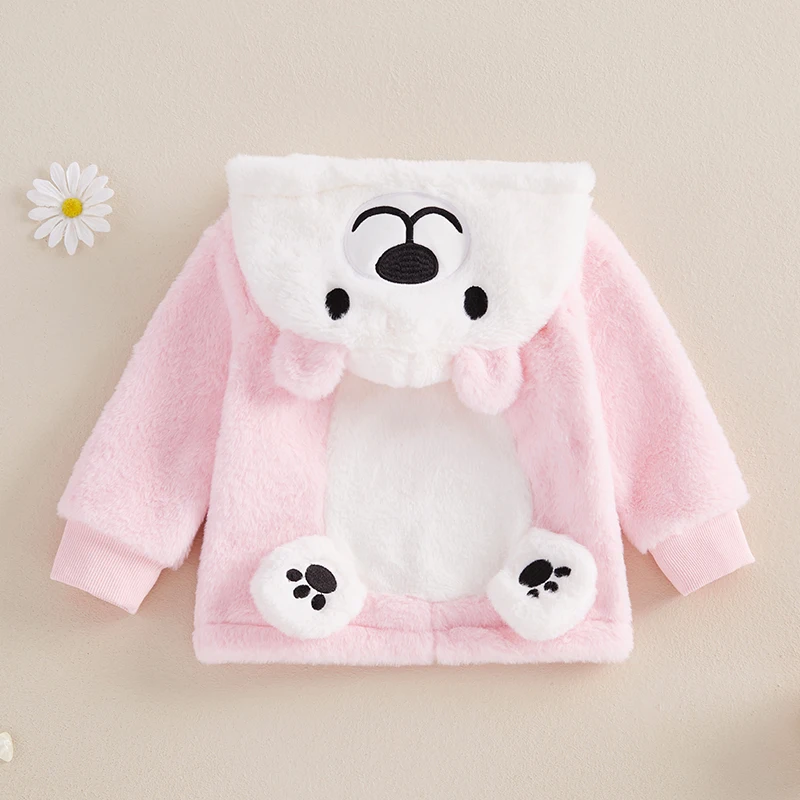 Adorable chaqueta de felpa para niños pequeños, abrigo cálido de invierno con capucha, cremallera frontal, traje de lana para niñas, bonito diseño de animales