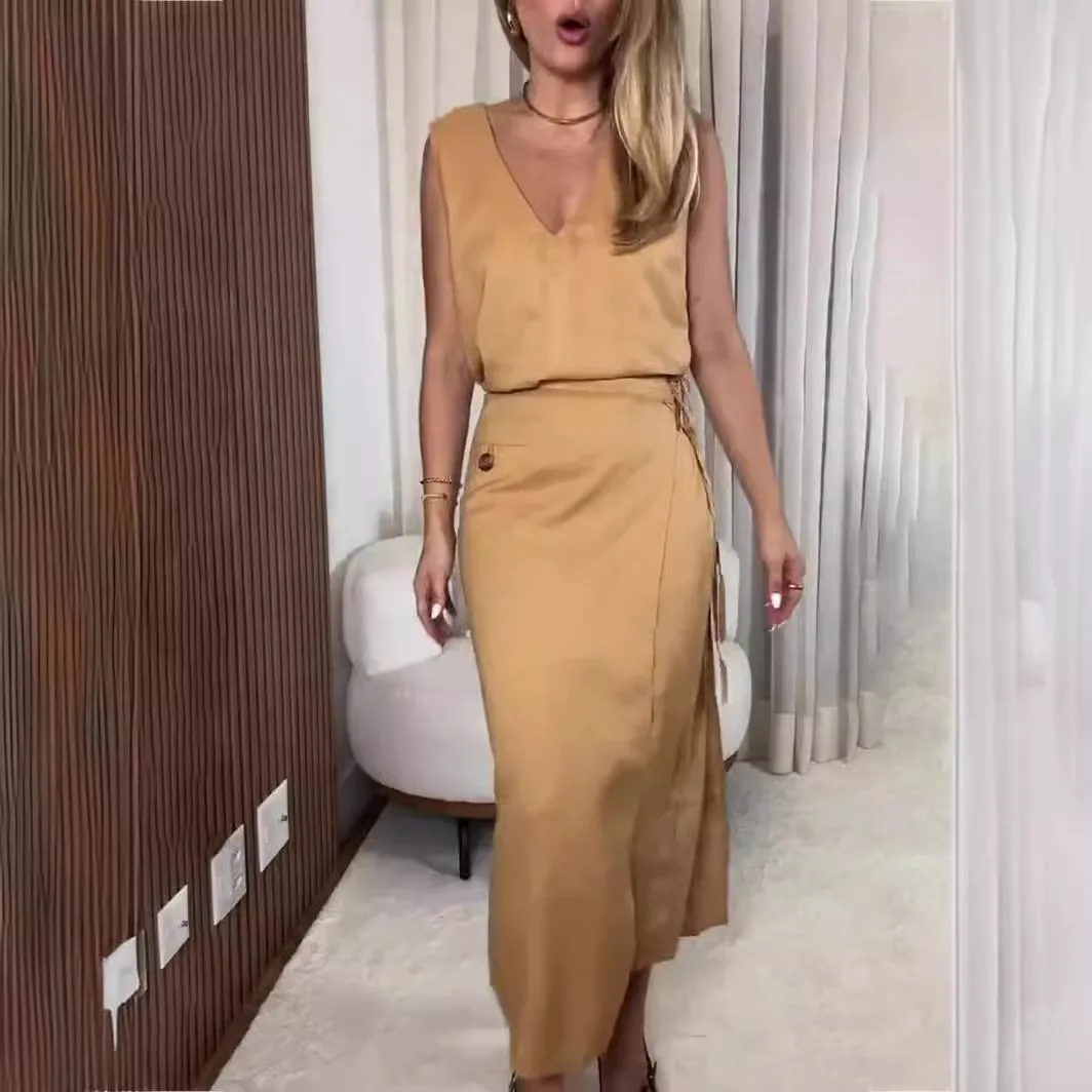 

Dresses Solid V Neck Dress Women Elegant Vestidos Skinny Slim Fit 2025 Summer Sexy Pullover Spliced Slight Strech Patchwork