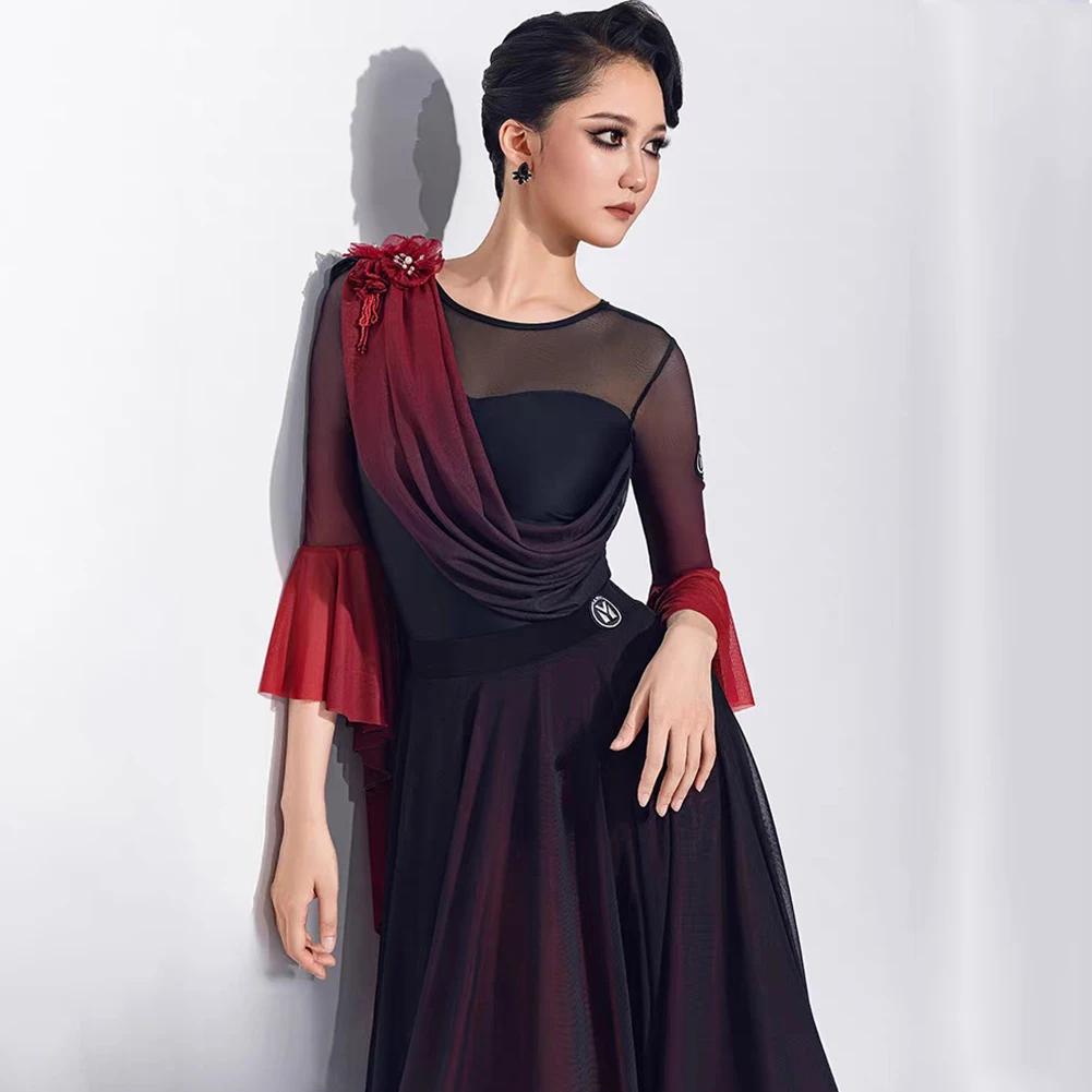 Valse – costume de compétition de danse moderne irrégulière, manches en corne, col rond, haut joint, jupe en arête de poisson dégradée, danse de salle de bal, nouvelle collection