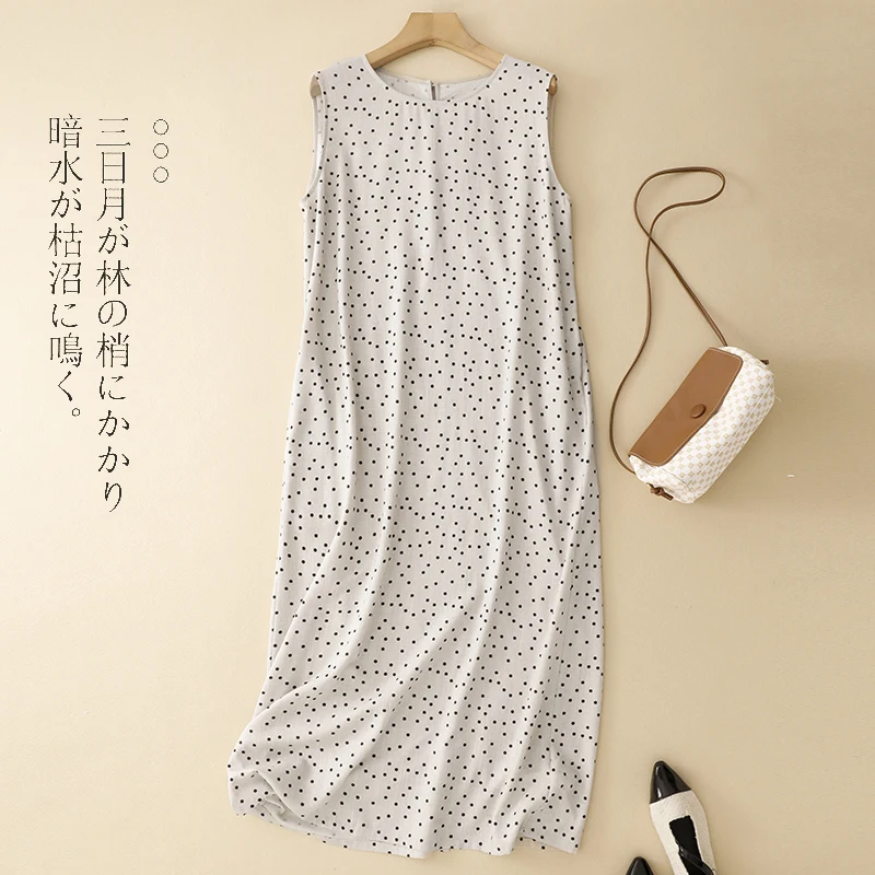 

Длинное платье миди без рукавов из хлопка и льна с принтом в горошек, женское летнее элегантное прямое платье с круглым вырезом и карманами, с разрезом сзади