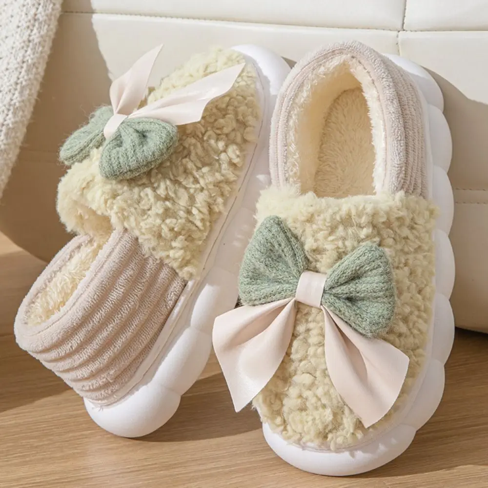 جديد Bowknot النساء نعال من القطن المضادة للانزلاق الدافئة أفخم أحذية قطنية سميكة أسفل كعب تغطي لخريف شتاء