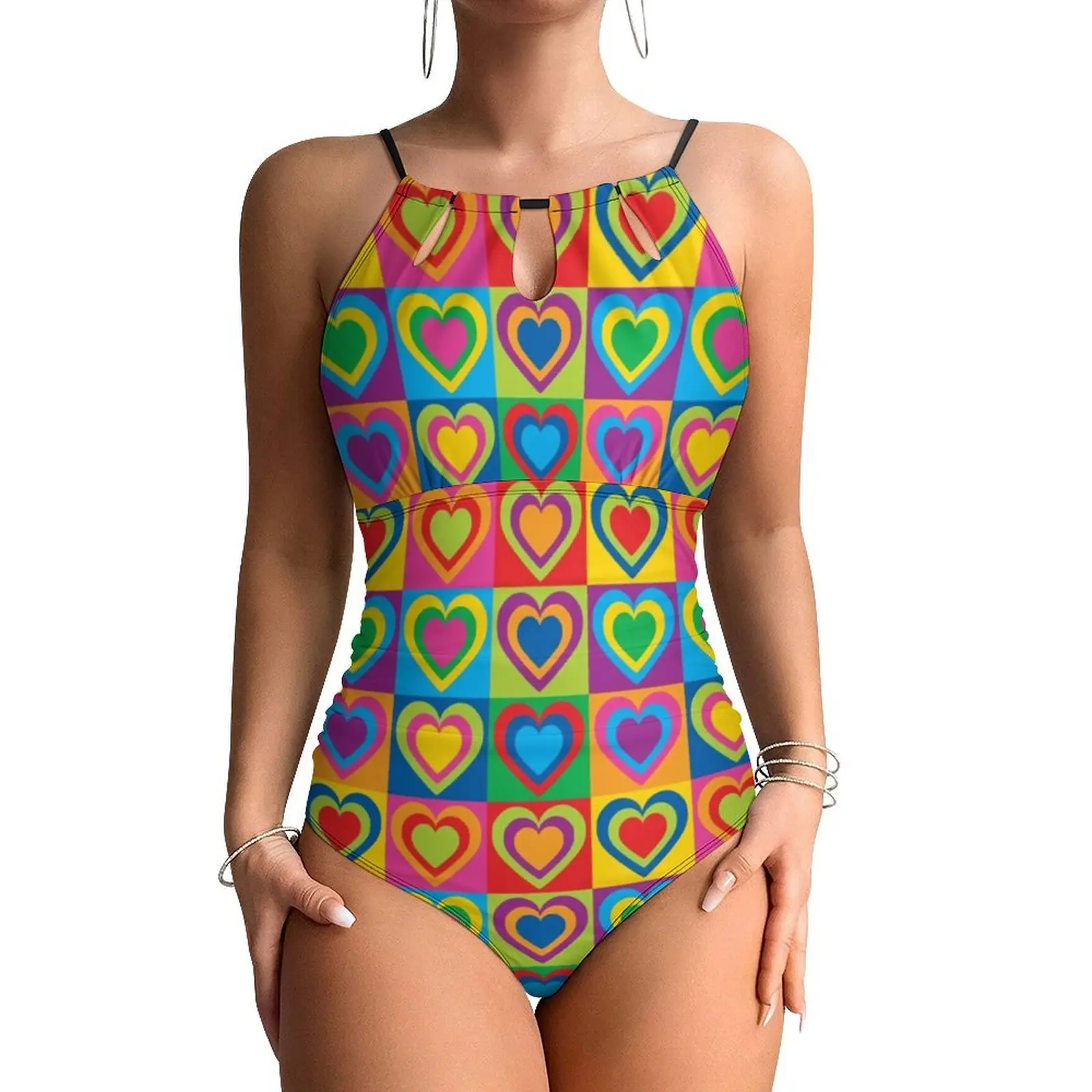 Pop Art Hearts Swimsuit Colorful Plaid Print Push Up Swimwear One Piece Vacation Bath Bathing Suits Swimsuits Design Beachwear