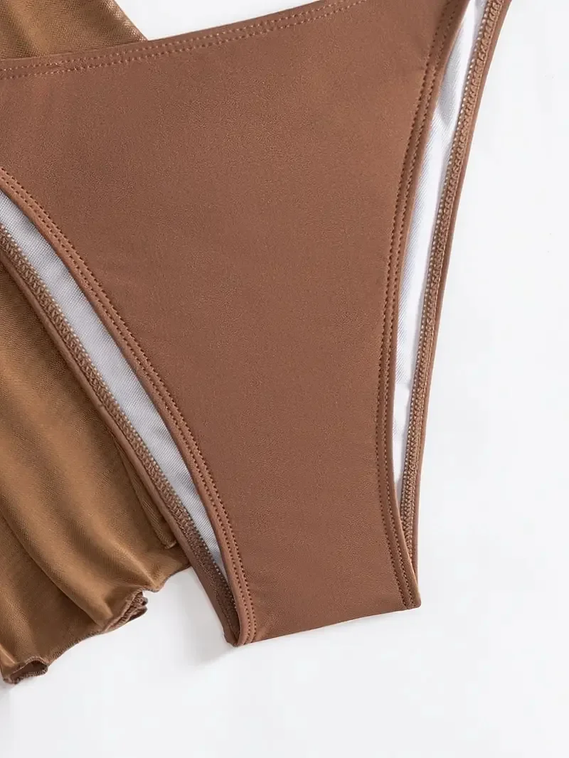 レディース 無地 ホルターネック ストリングビキニ 4点セット メッシュカバートップス スカート付き 水着 ビーチウェア ビキニ