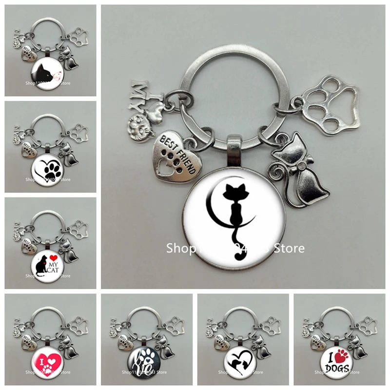 Fashion cute animal paw print keychain cat dog I love glass pendant mini heart keyring car key man girl favorite gift souvenir