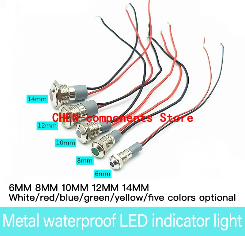 2PCS NEW 6MM 8MM 10MM 12MM 14MM LED Metal Indicator 6V 8V 10V 12V 24V Waterproof IP67 Flat Head LED with Line Power Signal Light