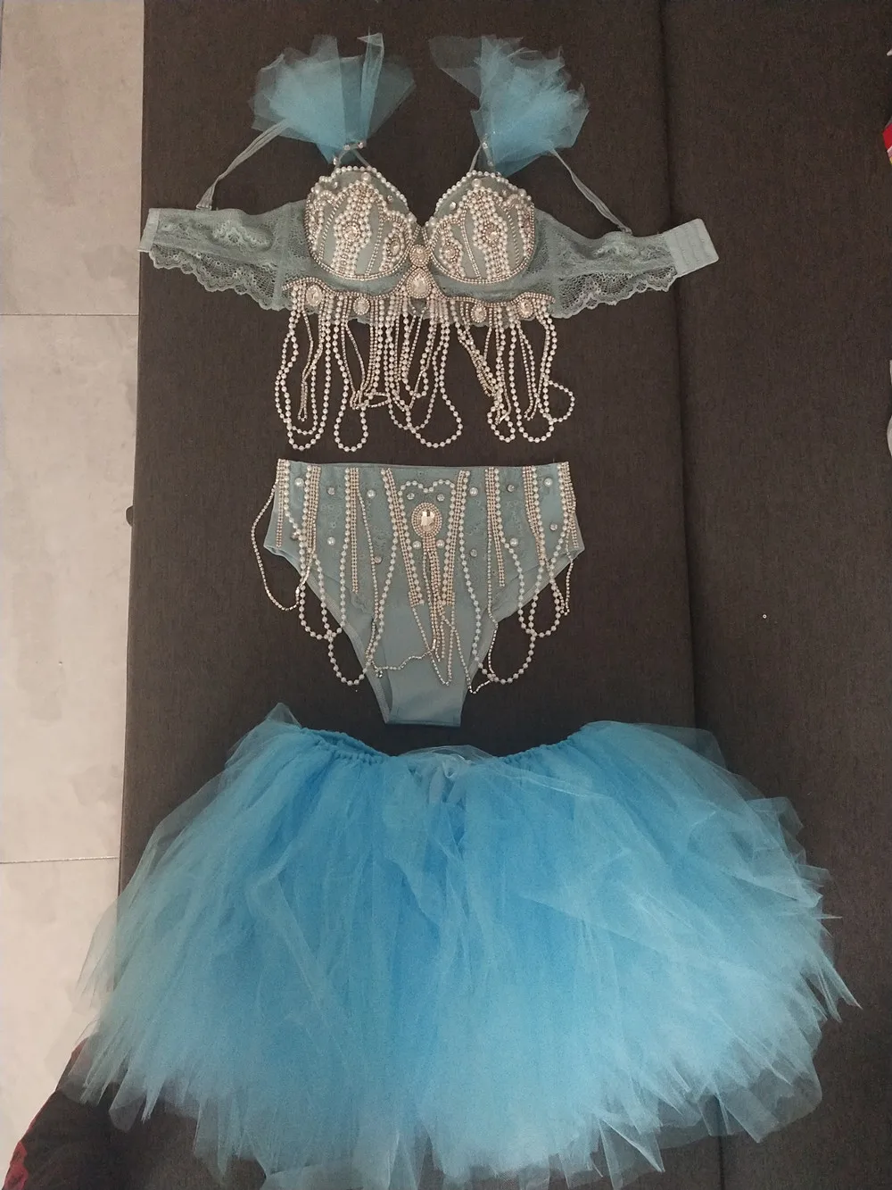 Mini jupe Tutu bleu clair, Sexy, pour discothèque, DJ, chanteur, danseuse, Costume de spectacle, perle, cristal, tenue de Bikini, vêtements de scène pour fête en Club