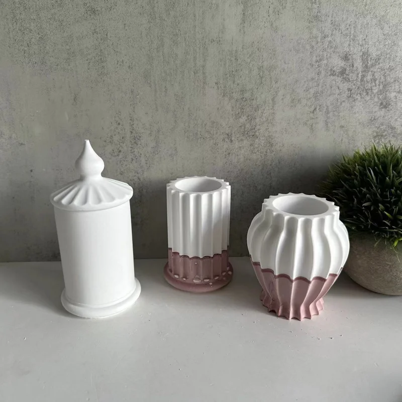 Roman Striped Glossy Candle Cup Silicone Mold with Lid Roman Storage Tank Plaster Epoxy Mold