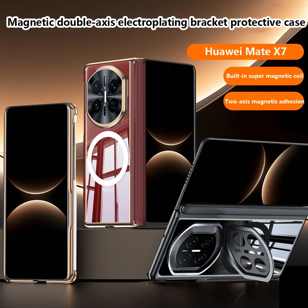 

Electroplated Double Hinge Case For Huawei Mate X7 X6 MateX7 MateX6 5G Magnetic Lens Camera Stand Protective Cover