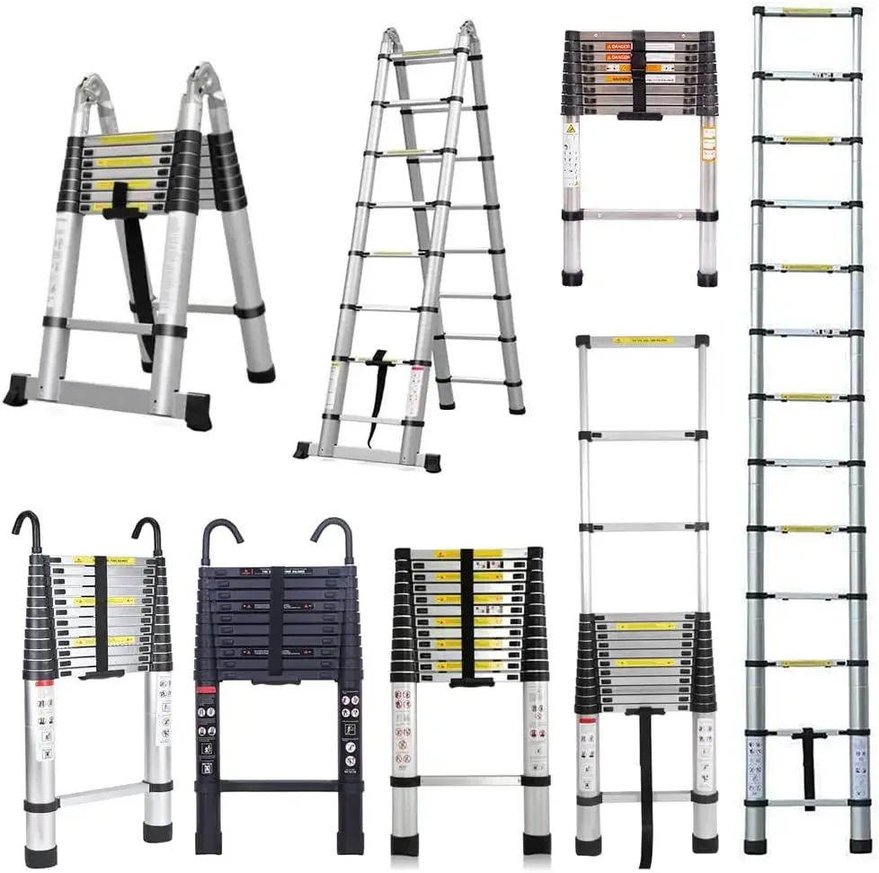 Ladder A Frame 3.8M Aluminum Portable Folding Extendable Extension Ladder with 12 Adjustable Steps & Stabilizer Bar for Home Off