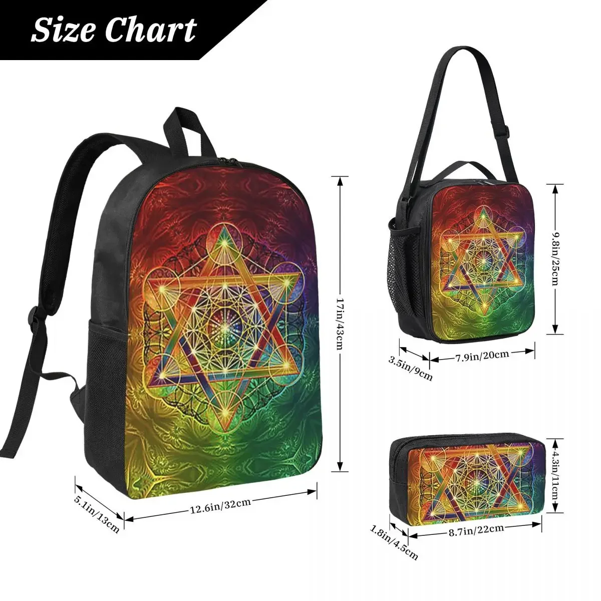 Metatron's Cube With Merkabah And Flower Of Life Backpack BookBag School Bag Shoulder Bags 3ps Insulated Lunch Bag Pencil Case