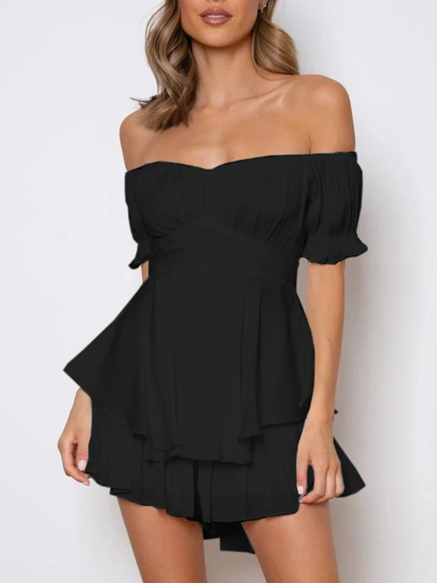 Women s Casual Off Shoulder Romper Dress Double Layer Ruffle Hem Tie Back Short Jumpsuit Playsuits