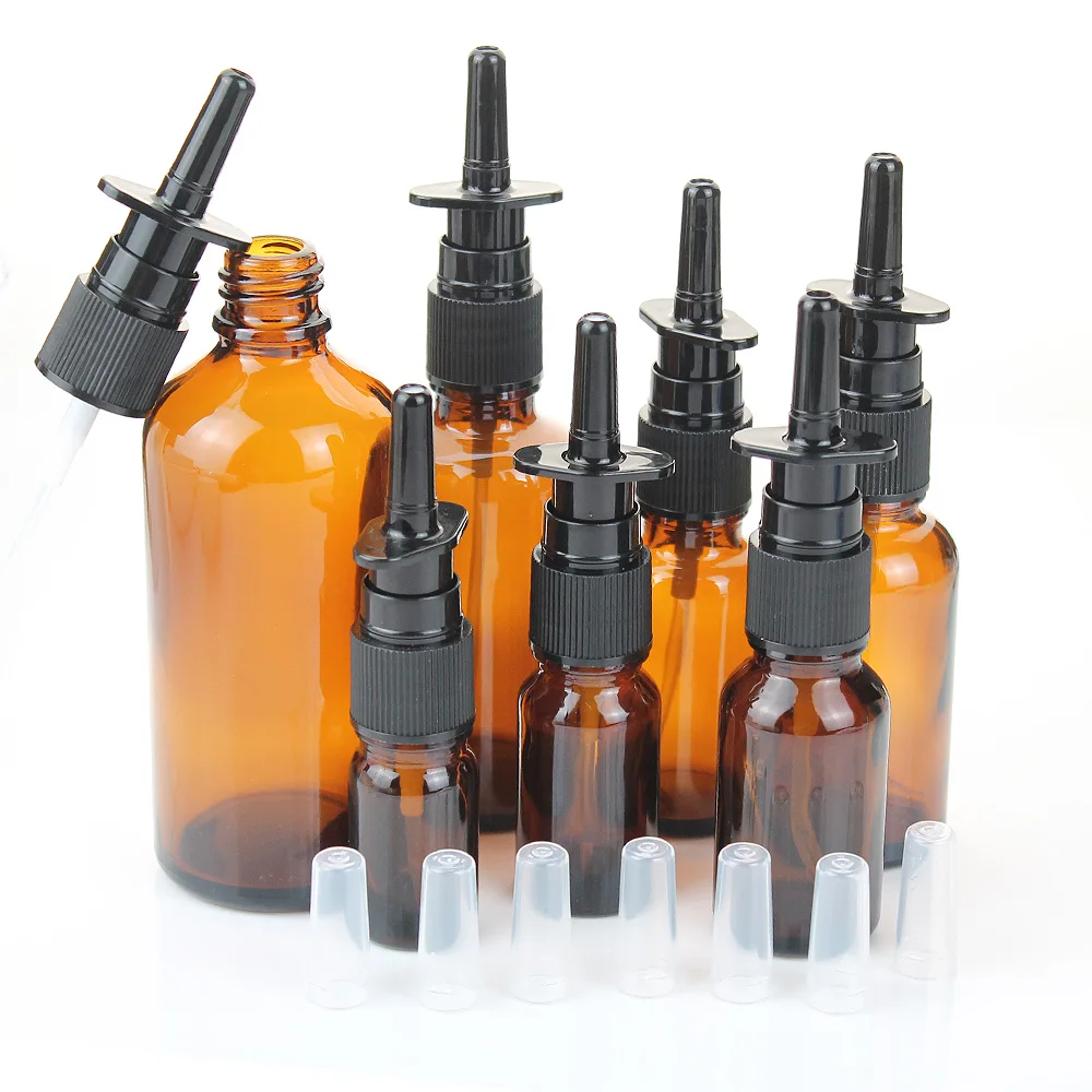 10pcs 5ml 10ml 15ml 20ml 30ml 50ml 100ml Amber Nasal Spray Bottle Glass with Fine Nose Mist Sprayer Press Spray Head Atomizer