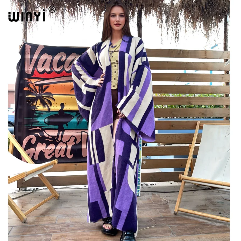 

WINYI winter cardigan Africa kimono women Geometric print maxi OverCoat Thick Warm long down coat Middle East fashion abaya