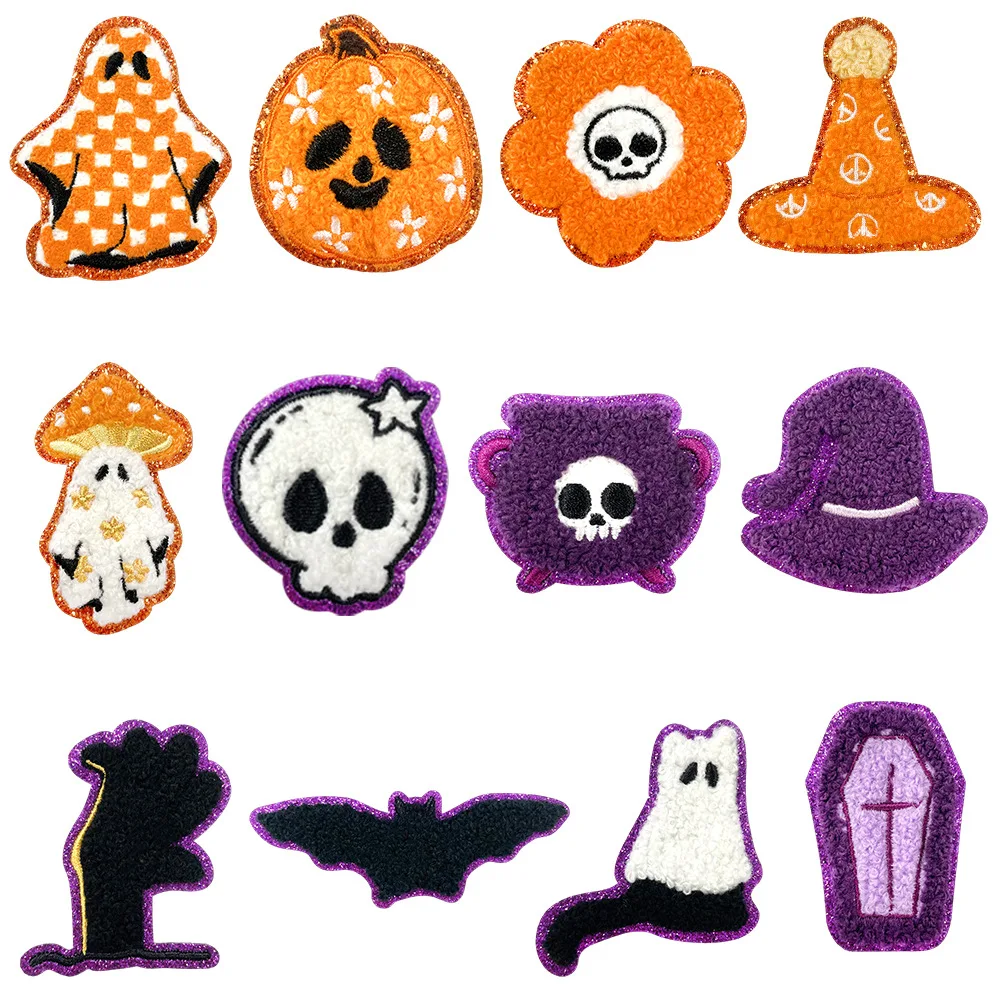 12 Stück Halloween-Stickerei-Aufnäher (12 Stile) – Handtuch-Stichapplikationen für Kürbis-/Fledermaus-/Geisterkappen, DIY-Kostümdekorationen zum Aufbügeln